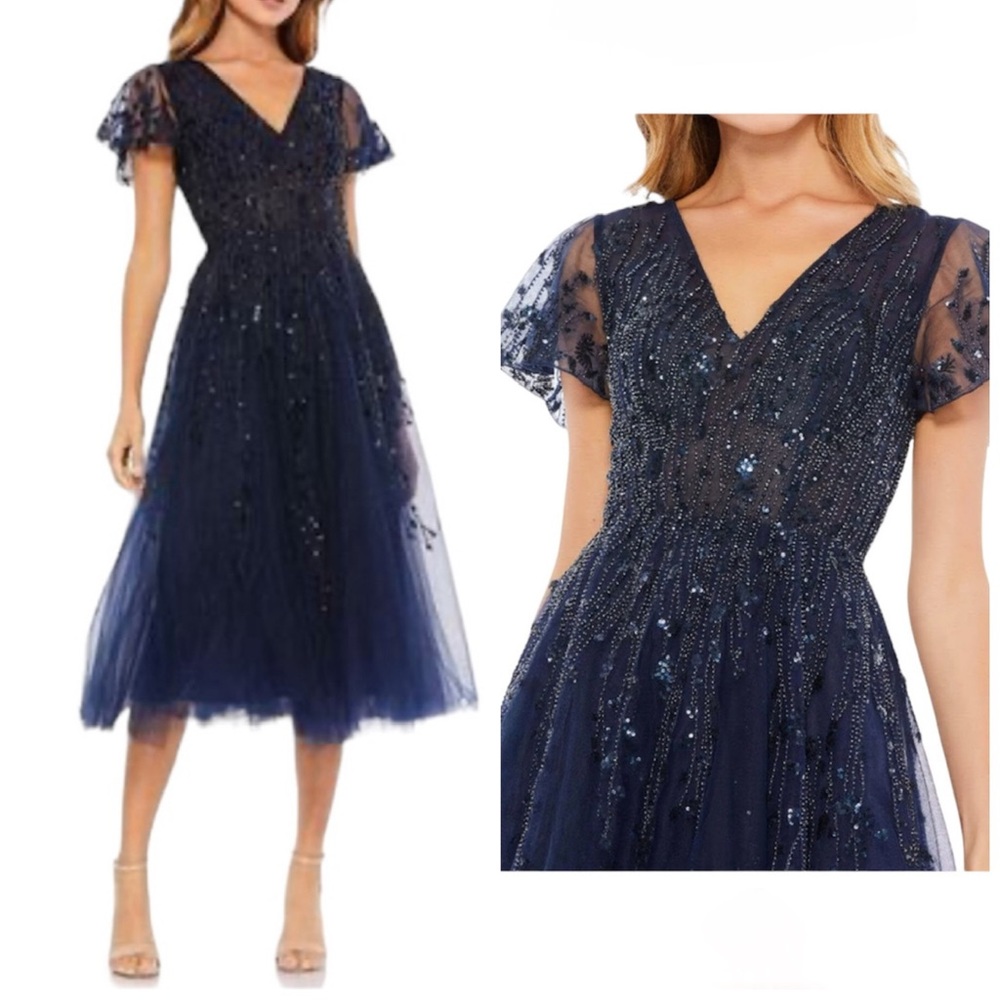 MAC DUGGAL Midnight Blue Beaded Tulle Midi Dress NEW Size 14